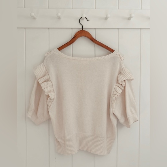 Lauren Conrad Eyelet Lace Knit Ruffles Crochet Short Sleeve Sweater Neutral XXL - Picture 7 of 13